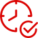Red clock with checkmark on black background.