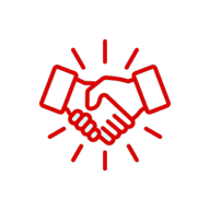 Red line drawing of two hands shaking in the center of a white background, symbolizing a handshake